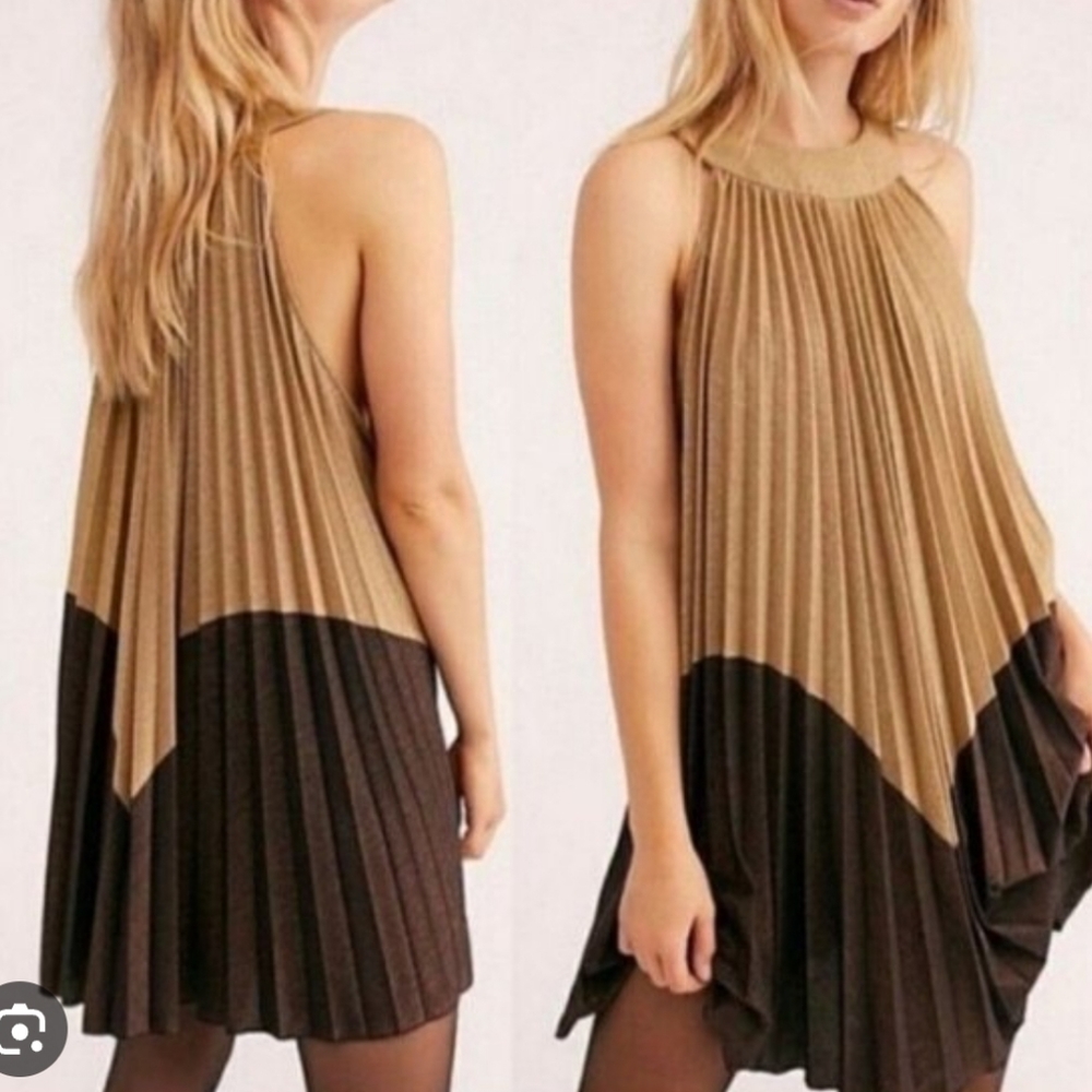 Free People Pleated Love Mini Dress Gold Sparkly Halter Gold Brown Size Medium